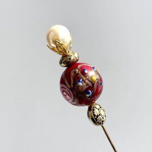 Murano Italian Made Glass Beaded Faux Pearl Crown Vintage Square Long Stick Pin